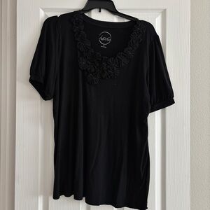 INC International Concepts Black Short Sleeve Top with Floral Neckline